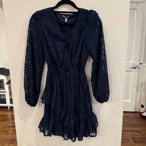 Aqua Navy Blue Embroidered Sheer Dress XS
